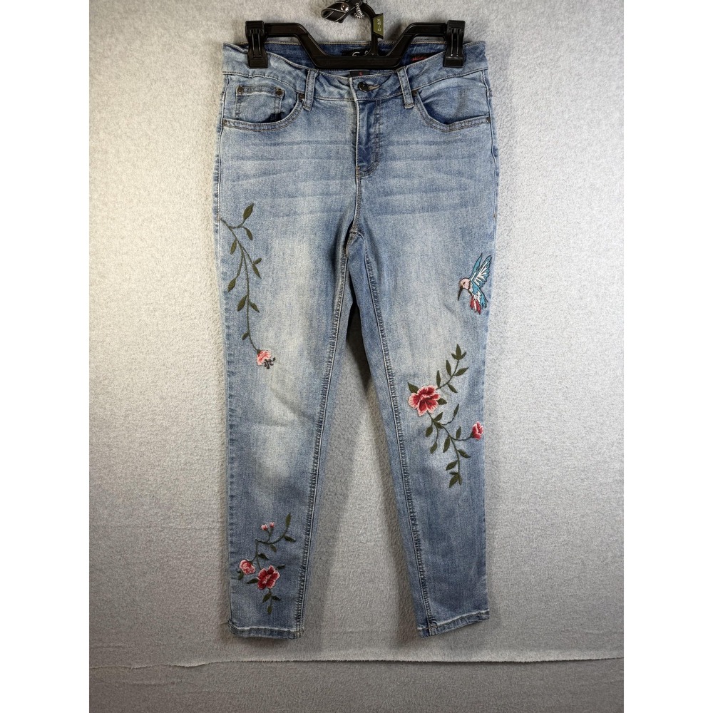 Earl Jean Jeans Womens 6 Light Wash Skinny Ankle Floral Embroidered Denim